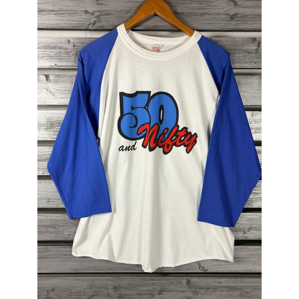 Vintage 50 and Nifty Birthday Baseball T Shirt Raglan 3/4 Sleeve USA Made 80s L